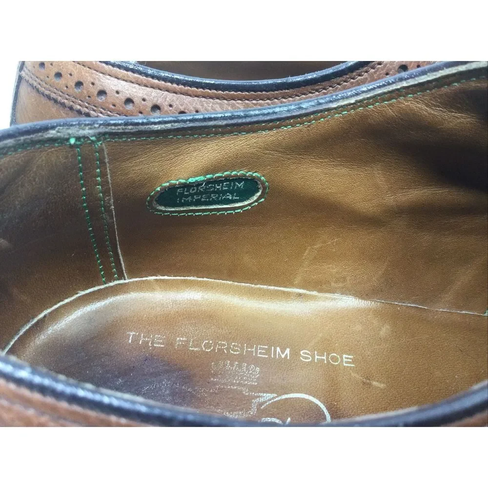 VINTAGE Florsheim Mens Shoes 8.5D Imperial‎ Longwing V Cleat 5 Nail Brown 93602